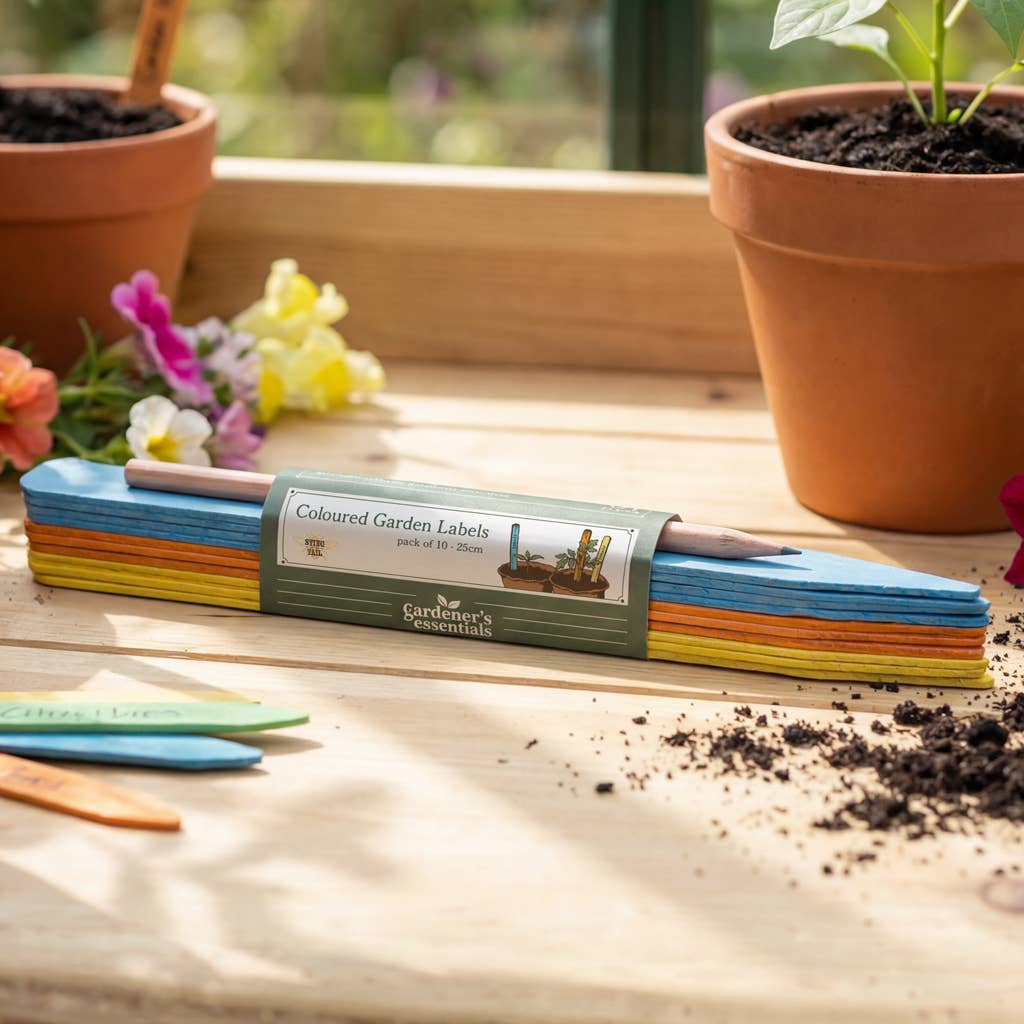 Gekleurde houten plantenlabels 25 cm + potlood - Tuinkabouter Chrisje